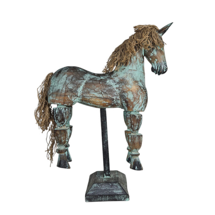 Golex-Horse-On-Stand-Side.jpg Green Wash Wooden Horse Decor