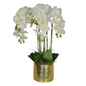 Faux White Orchid In Golden Pot