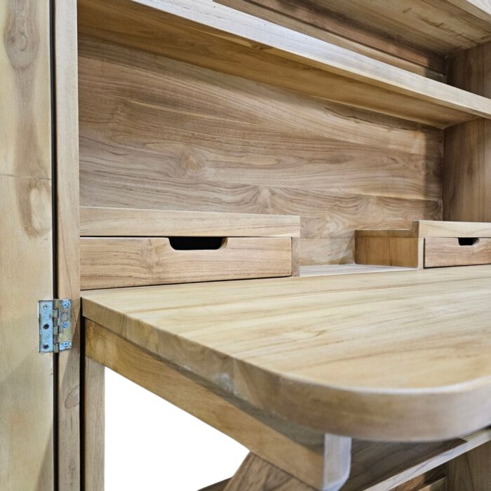 Aria Concealed Desk Side Open Close Up Desk Concealed Teak And Rattan Desk