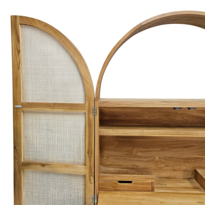 Aria Concealed Desk Side Open Close Up Left Concealed Teak And Rattan Desk
