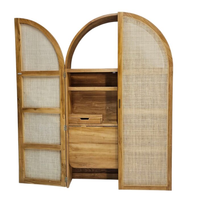 Aria Concealed Desk Side Open Onee Door Concealed Teak And Rattan Desk