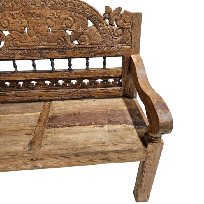 Rustic Carved Bench BEB6584C Close Rustic Carved Teak Bench