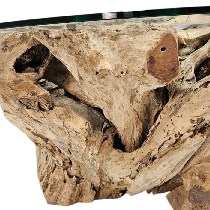 round teak root coffee table with glass top