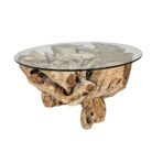 round teak root coffee table with glass top