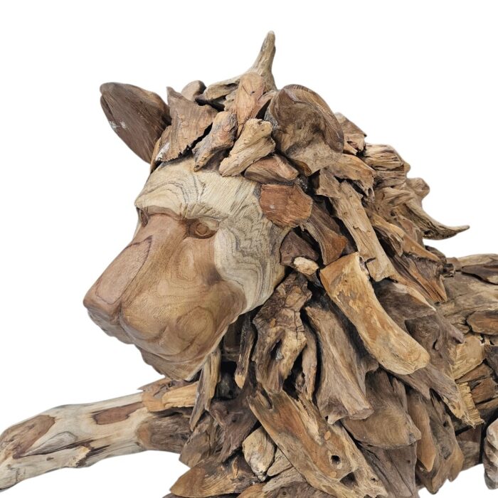 Lion Laying Sculpture Resting Teak NJA9941F Close Up Head