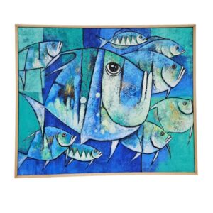 Blues Fish School Framed Canvas Painting