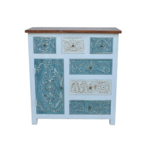 Distressed White and Blue Mango Wood Side Cabinet